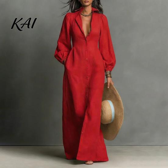 Solid Color Shirt Dresses Women Button Front Dress, Long Sleeve Turn-down Collar Collared Style Cinched Waist Dress for Daily Office