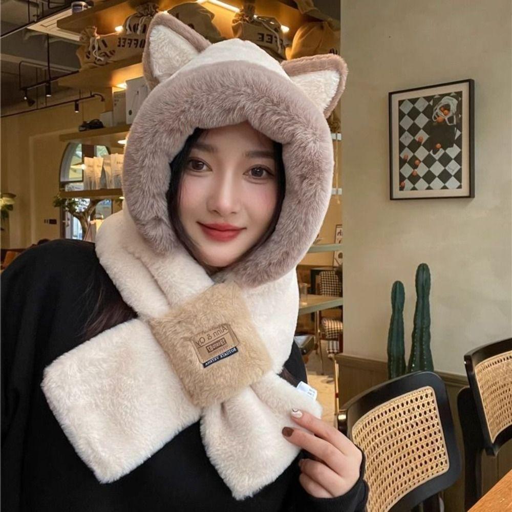 Cartoon Hat Ear Protection Hat Plush Hat Hooded Scarf Cute Winter Cap Female/Girls