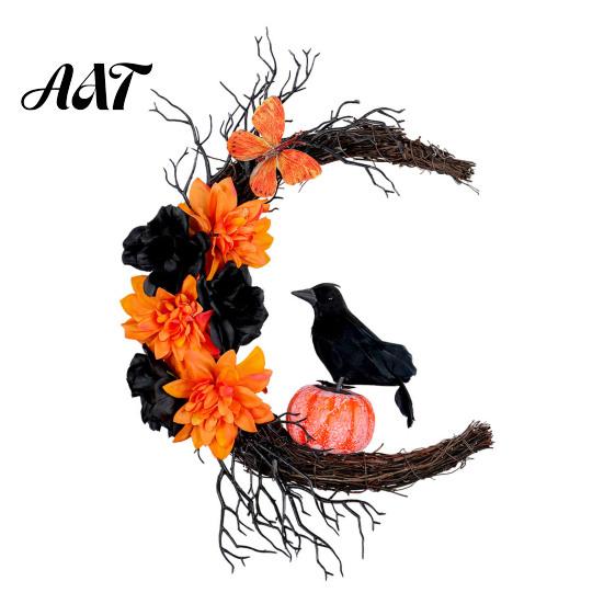 Durable Celebration Supplies Halloween Door Sign, Artificial Floral Branch Crow Moon Wall Hanger with Festival Party Bird, Spooky Window Yard