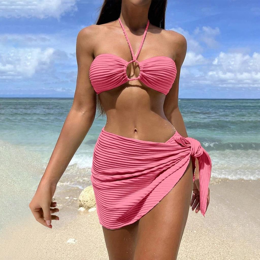 Женское бикини, сексуальный однотонный купальник с воротником-халтер и пуш-ап, разделенный на три части