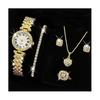 5 шт./компл., женский роскошный комплект ювелирных изделий с блестящими стразами, круглый циферблат, кварцевые часы, очаровательное ожерелье, серьги-гвоздики, комплект колец на палец