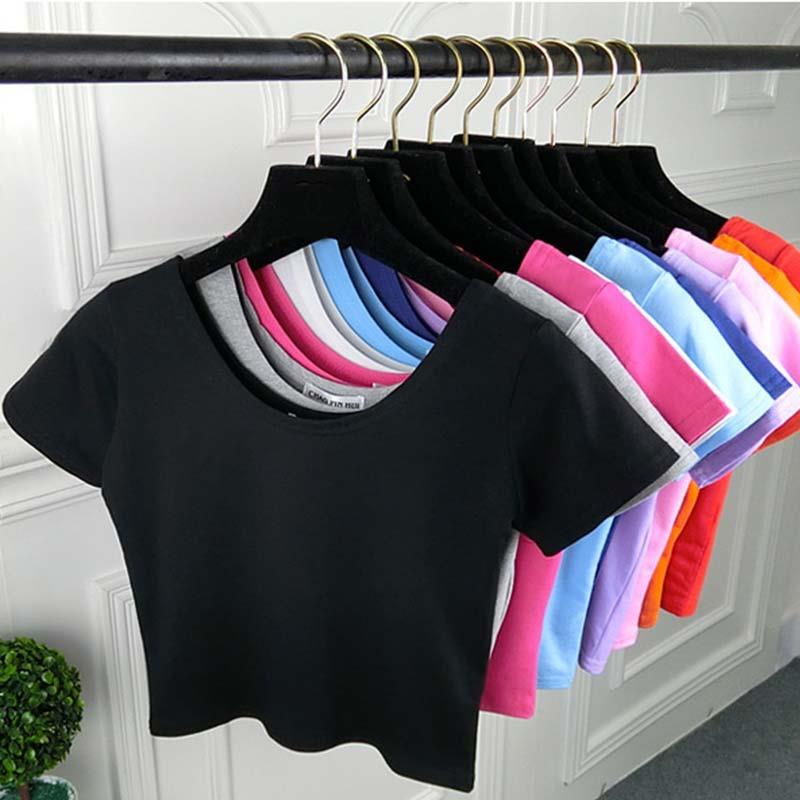 Модная и простая бестселлерная футболка с U-образным вырезом, однотонная женская сексуальная футболка с короткими рукавами для девочек