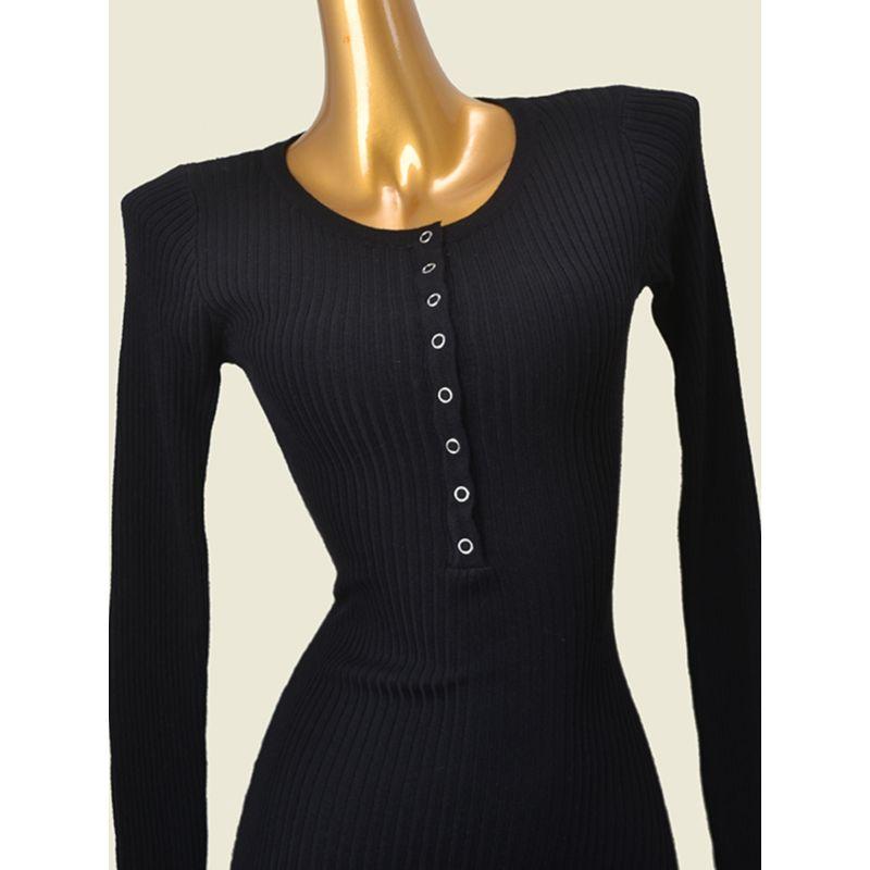Black Early Autumn Slim Fit Waist-Controlled Base Knitted Dress