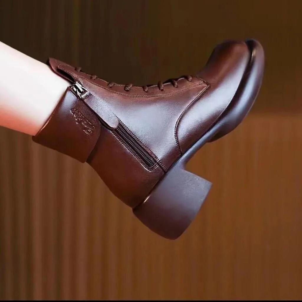 Классические ботильоны, женская зимняя кожаная повседневная обувь на молнии и шнуровке для женщин, современные ботинки на среднем каблуке с круглым носком