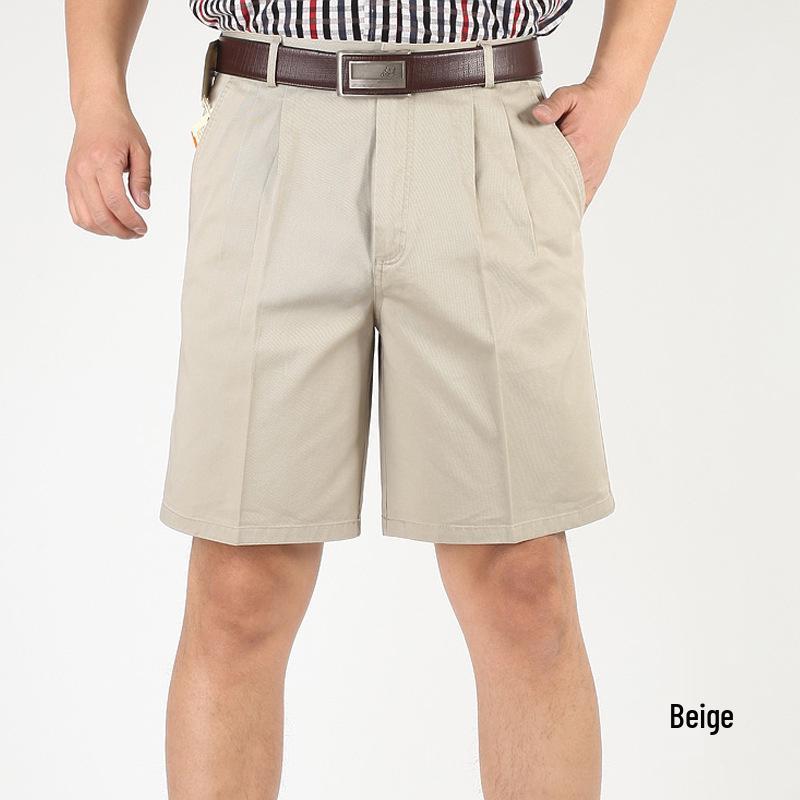 Мужские летние шорты из чистого хлопка с высокой посадкой, свободного кроя - с двойными складками, средней длины, повседневная одежда для мужчин среднего и пожилого возраста.
