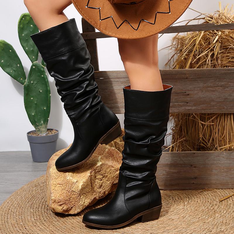 Fashion Black Pu Leather Knee-High Boots Women Slip On Med Heel Western Cowboy Boots Woman Autumn Winter Pleated Long Botas Plus Size 43