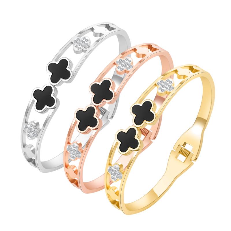 Модный браслет из розового золота с клевером из нержавеющей стали с золотым покрытием и бриллиантовой инкрустацией, не выцветающий женский браслет