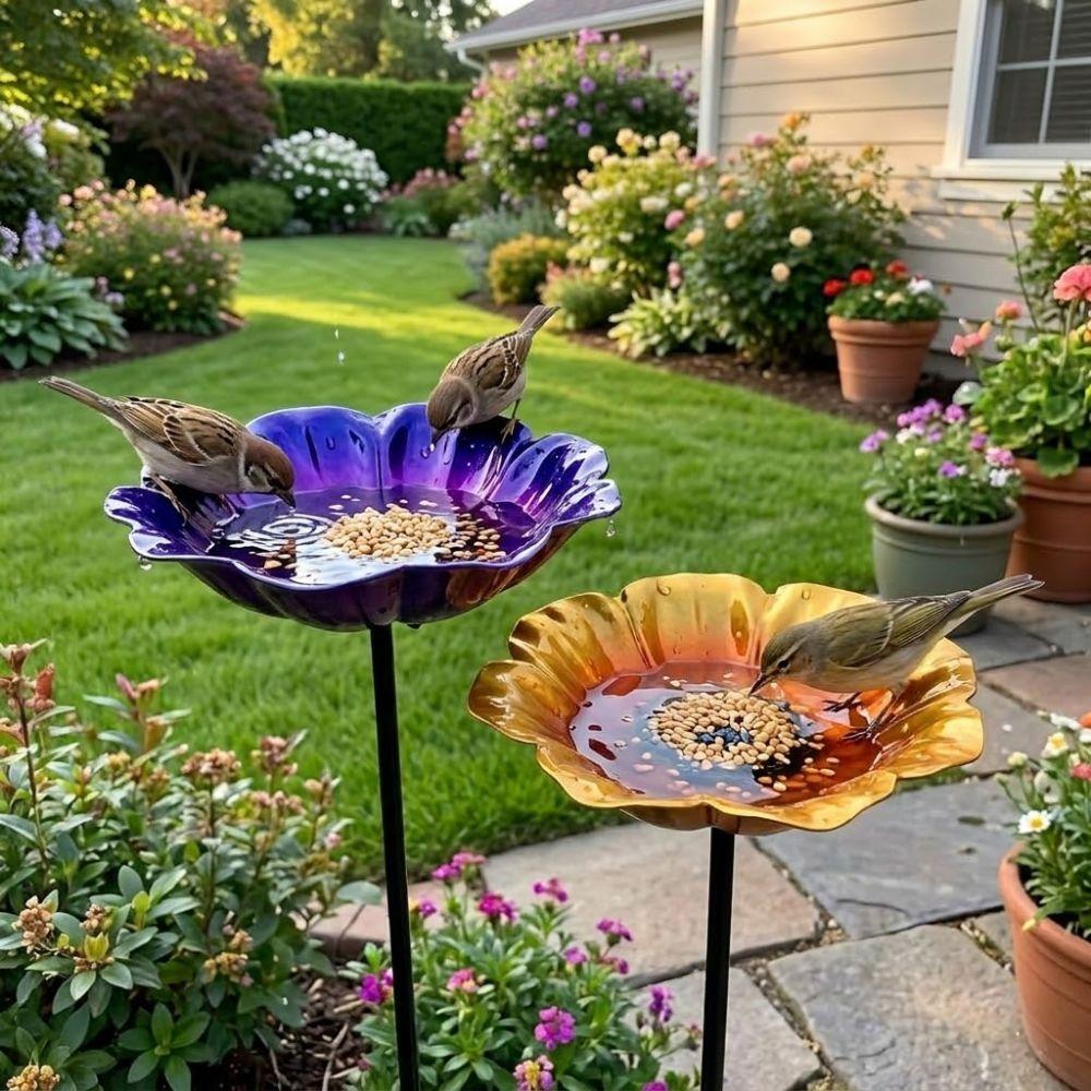 Handmade Metal Garden Bird Feeder Flower Shape Outdoor Bird Bath Bird Bath Stake Garden Patio