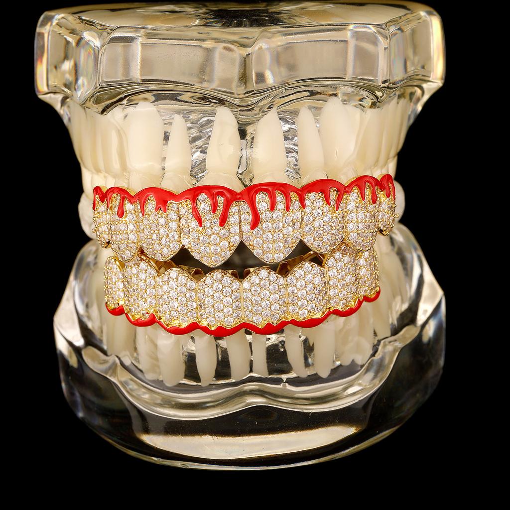 New Eight Teeth Red Flame Braces Full Bling Zircon Hip Hop Cosplay Grillzs Halloween Real Gold Plated Body Jewelry