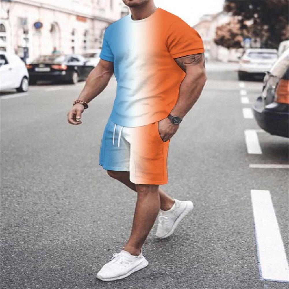 Летний тренд, модные мужские шорты с короткими рукавами и градиентом, комплект ретро-спортивной футболки с 3D принтом, мужская уличная одежда из двух предметов, спортивная одежда