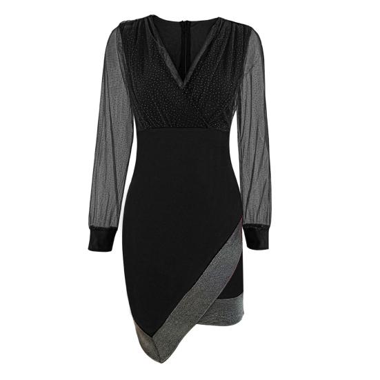 Женское платье весна-осень с V-образным вырезом, рукавами-фонариками, неровным подолом, прозрачной сеткой, пайетками, в стиле пэчворк, сверху