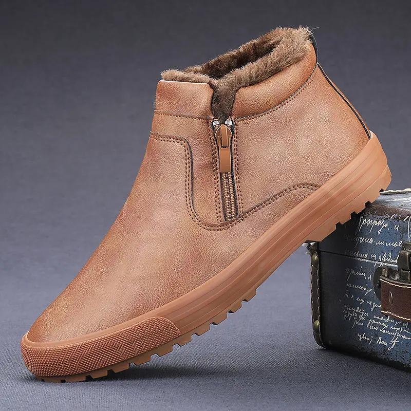 Winter New Men Leather Boots Shoes for Men Warm Plush Inside High Tops Leather Casual Shoes Man Platform Boots