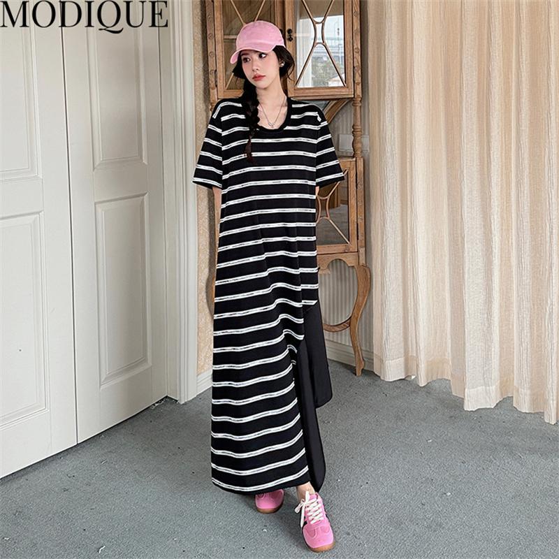 MODIQUE Лето Плюс Размер Женщины Свободные Универсальные Черно-Белые Полосы Лоскутные Длинные Платья Женские Повседневные Платья С Коротким Рукавом U-образным Вырезом