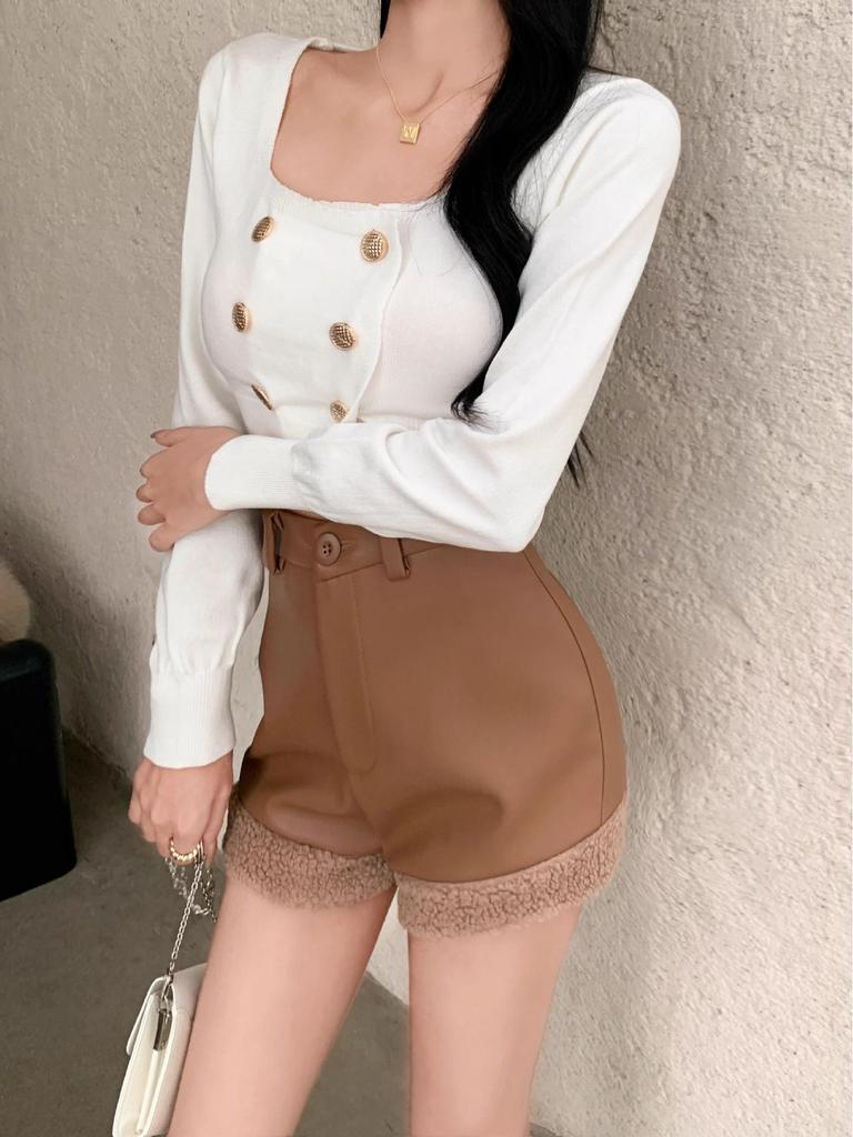 Spicy Girl High Waist Patchwork Slimming PU Leather Shorts - Autumn/Winter Style