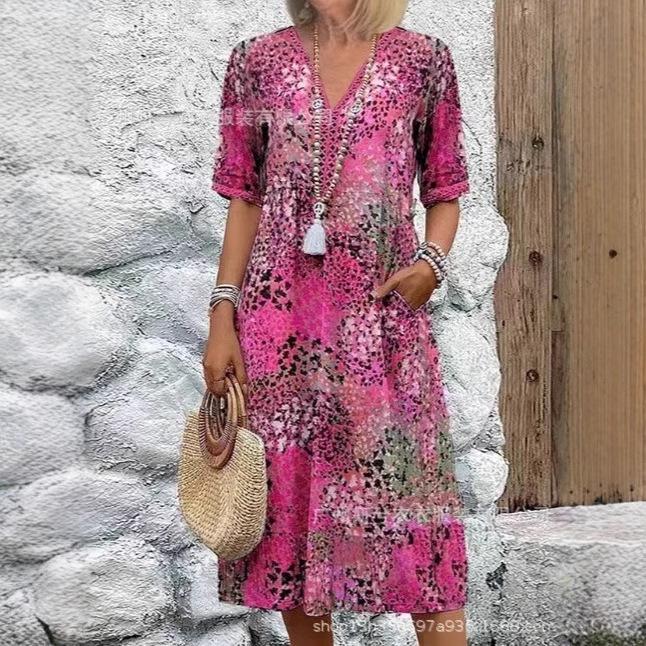 Women's V-neck Casual Summer Pocket Dress - New Print