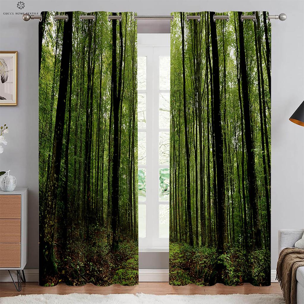 2 шт. Занавески с 3D-стереопечатью «Лесной пейзаж» на люверсах, 100% полиэстер, декоративные занавески для спальни, гостиной, кухни, окна