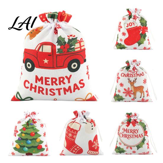 Festival Treat Packaging 2Pcs Christmas Drawstring Gift Bags Xmas Tree Reindeer Printed Candy Decoration Pouches Pouches Reusable Fabric Holiday