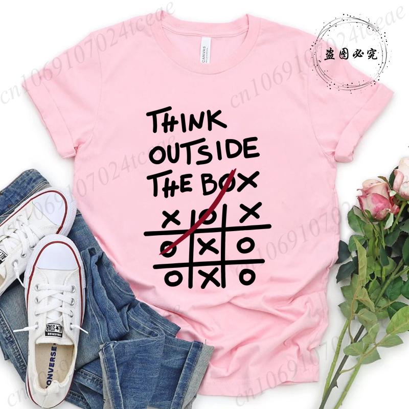 Think Outside The Box Printed Women T-Shirts, Women's Casual Tee Shirts Clothing Short Sleeve Crew Neck Top for Summer & Spring