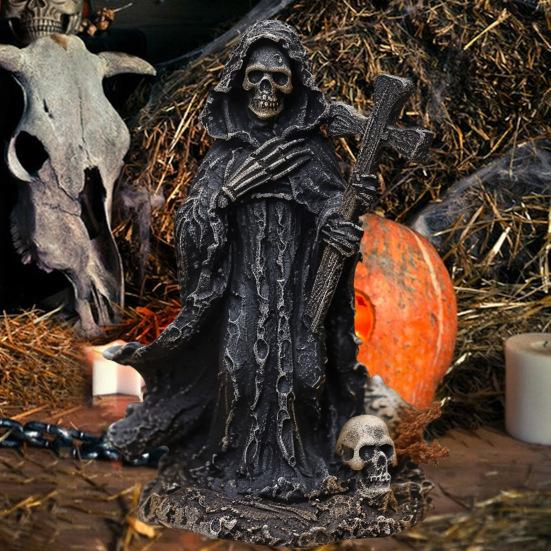 Halloween Black Robe Skeleton Figurine Gothic Cross Skeleton Resin Statue Sculpture Home Office Desktop Bookshelf Decoration Ornament Festival Gift