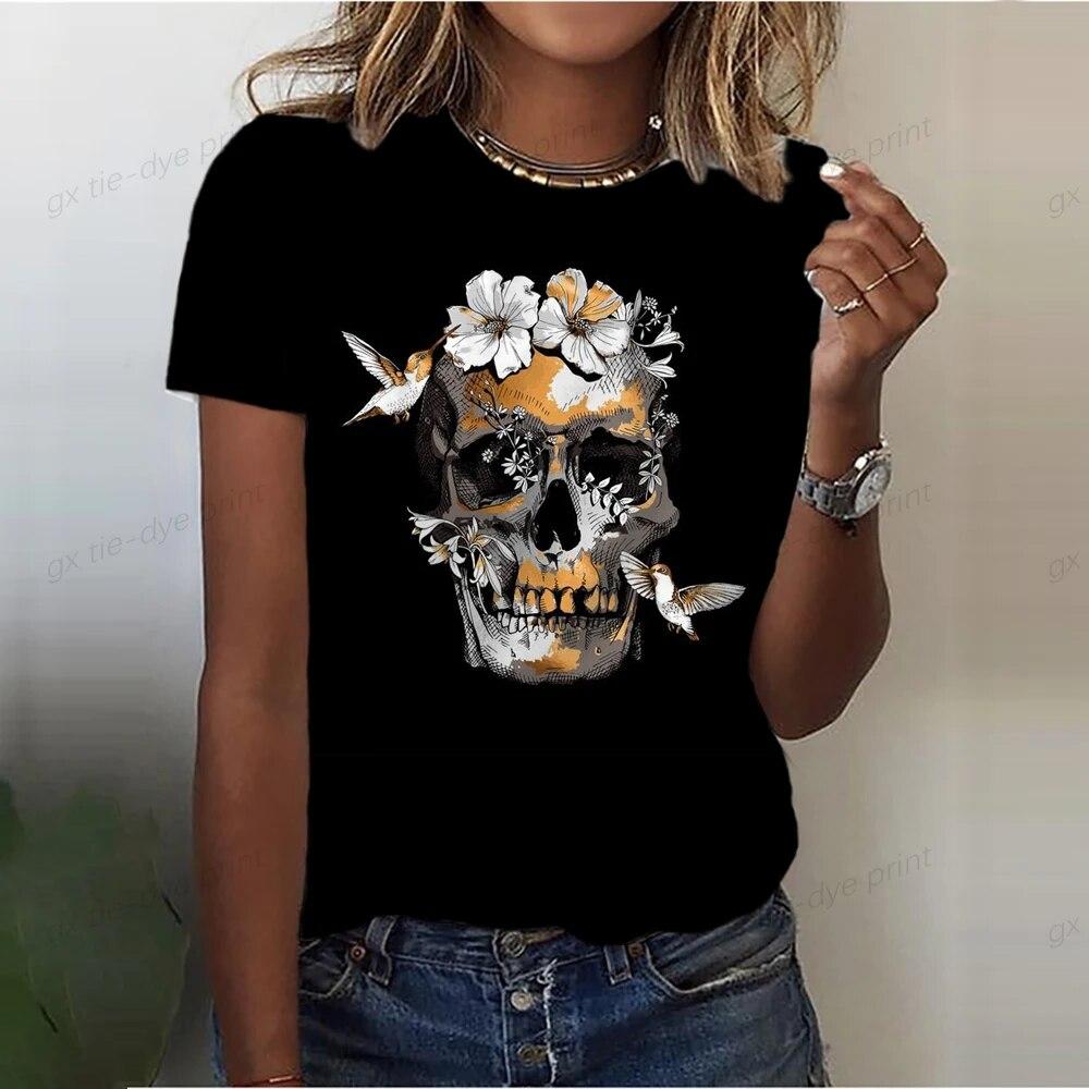 Женская футболка с принтом черепа, черная женская повседневная футболка с круглым вырезом, белая модная свободная рубашка, женская футболка с коротким рукавом, розовый череп