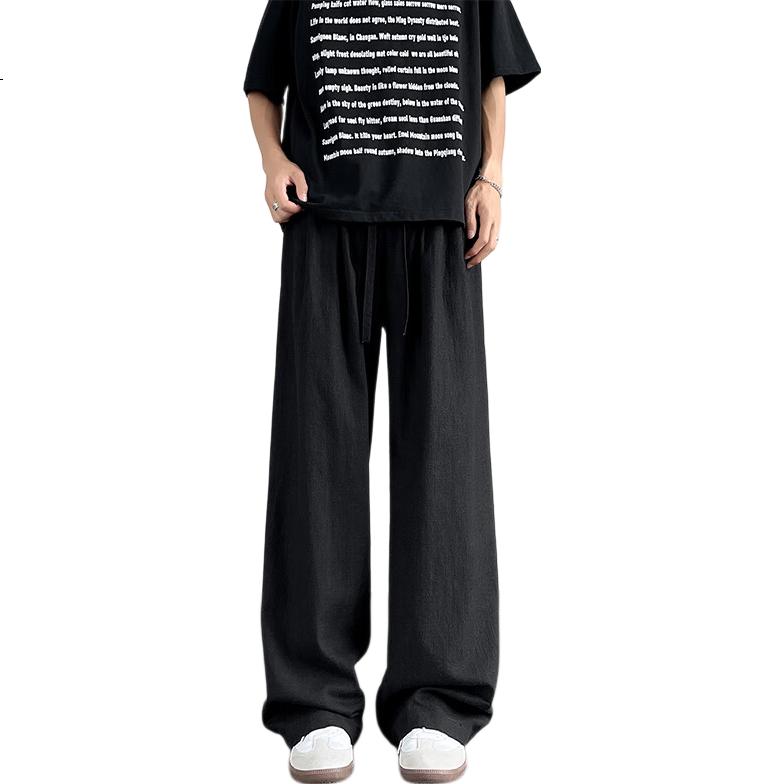 Dingfengbaoluo Men's Linen Pants, Spring Pure Cotton, Draping Loose Straight-Leg Solid Color Casual Pants, DJ83 Black 3XL