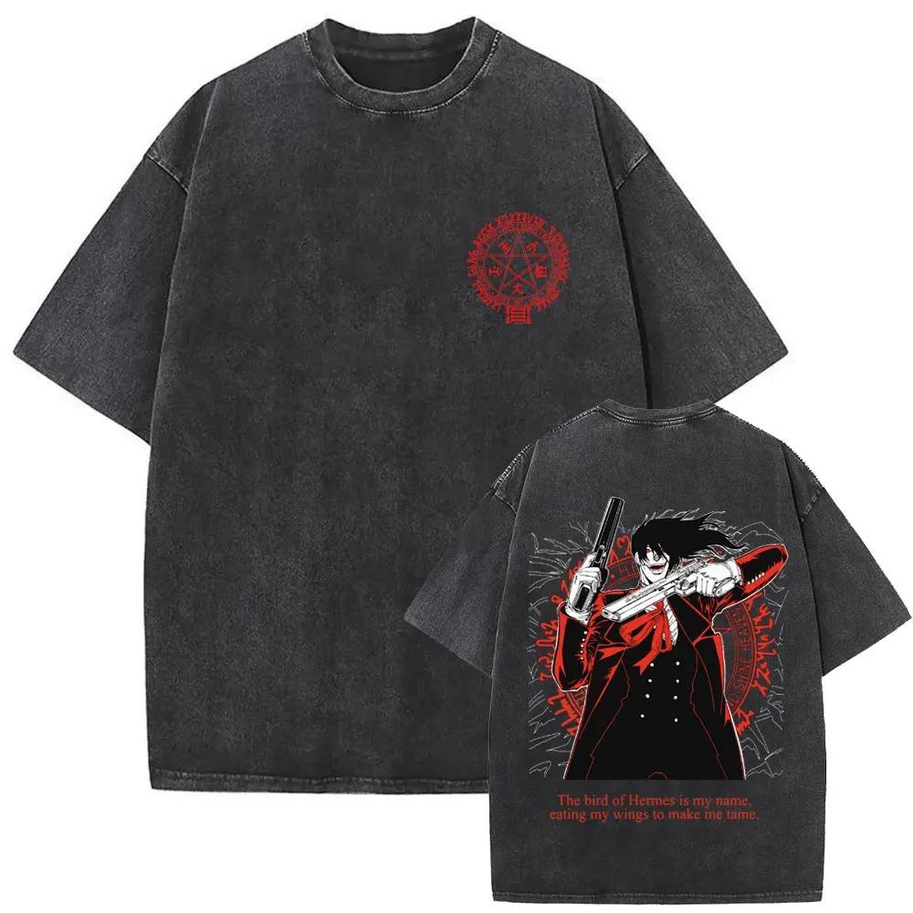 Hot Sale Anime Hellsing Abraham Van Helsing Vampire Alucard Print Tshirt Men Women Vintage Washed Cotton Summer Tee Oversize Top