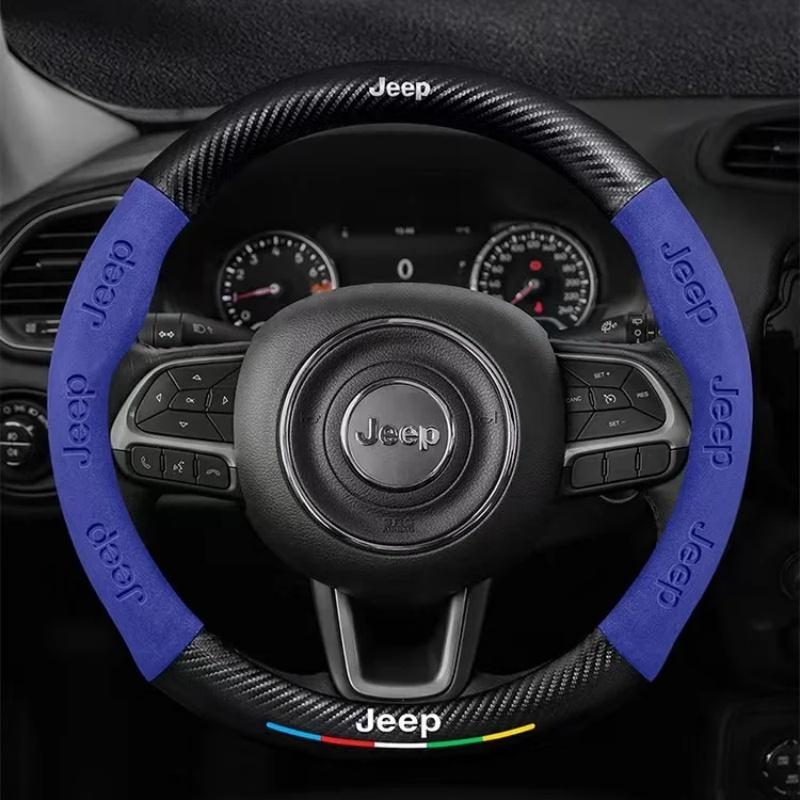 AQI1 Carbon Fiber Suede Car Steering Wheel Cover Anti Slip Car Interior Accessories For Jeep Wrangler Grand Cherokee Compass Renegade