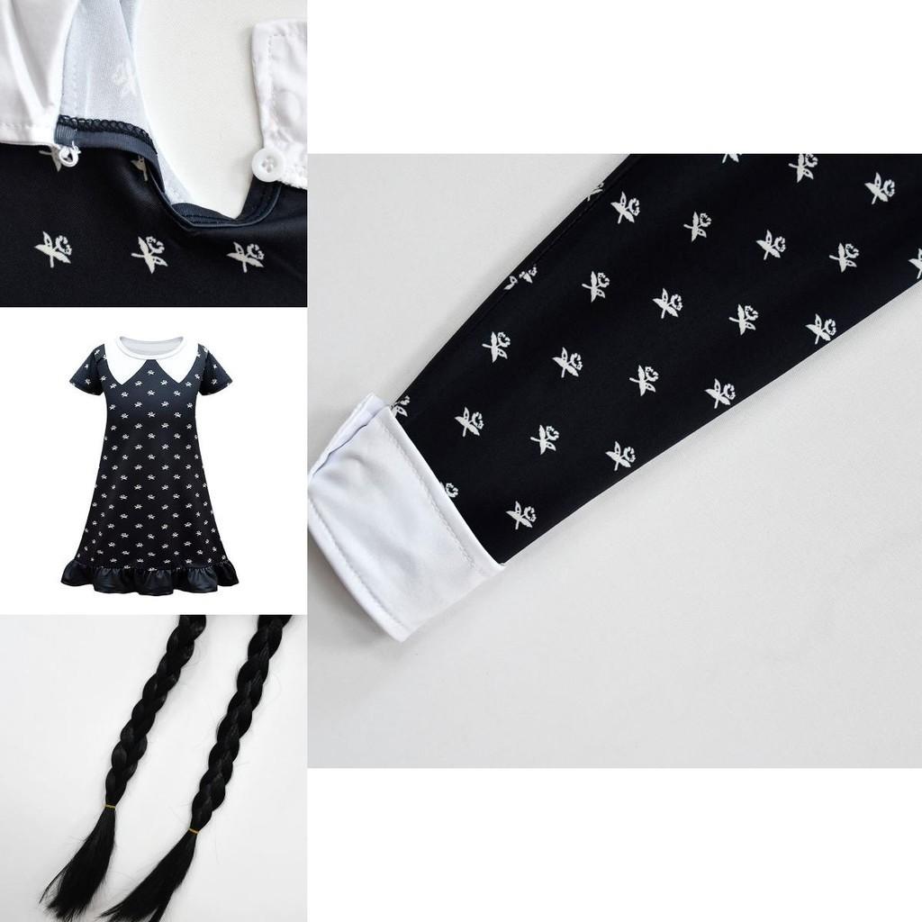 Платье Уэнсдей Аддамс Парик Косплей Костюм Для Девочки Ребенка Хэллоуин Рождество Вечеринка