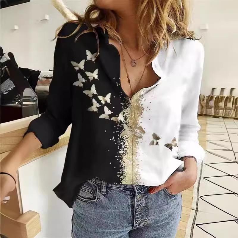 Women's Printed Button Down Shirt Long Sleeve Collared Graphic Casual Blouse