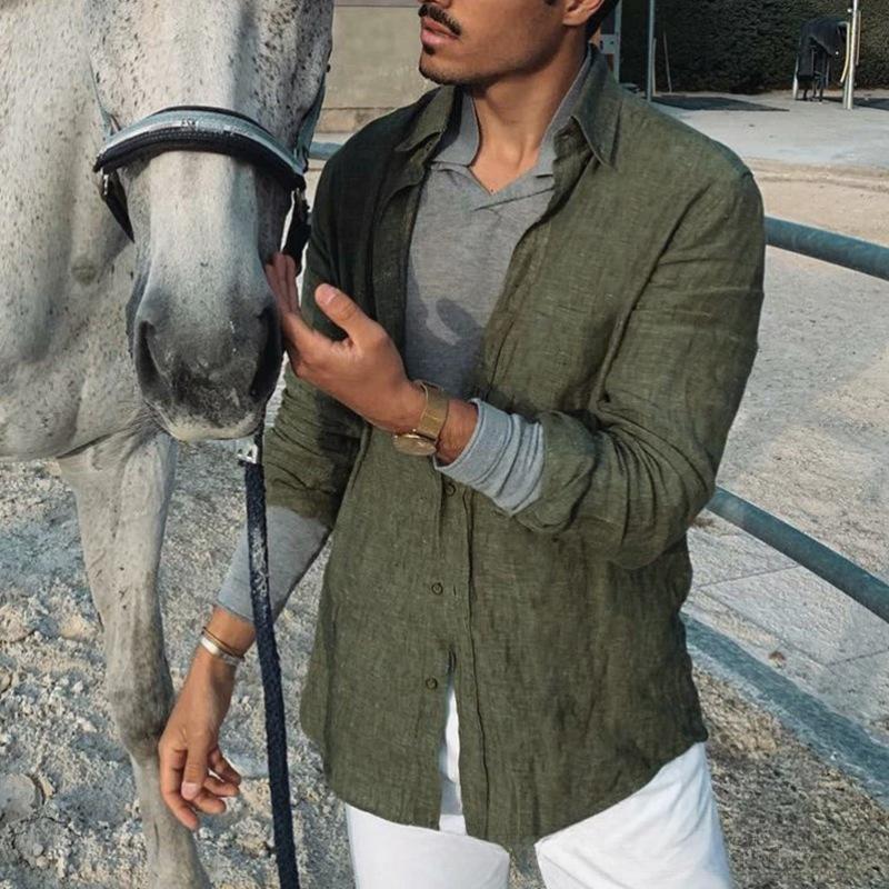 Новая мужская однотонная европейская и американская хлопковая льняная свободная повседневная рубашка с воротником и длинными рукавами, пляжная рубашка в мужском стиле