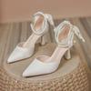 Туфли-лодочки на высоком каблуке с бантом, весна 2025, новые, на тонком каблуке, с острым носком, в стиле маленькой кокетки, в стиле имперской сестры, с жемчужным темпераментом, с юбкой, сандалии