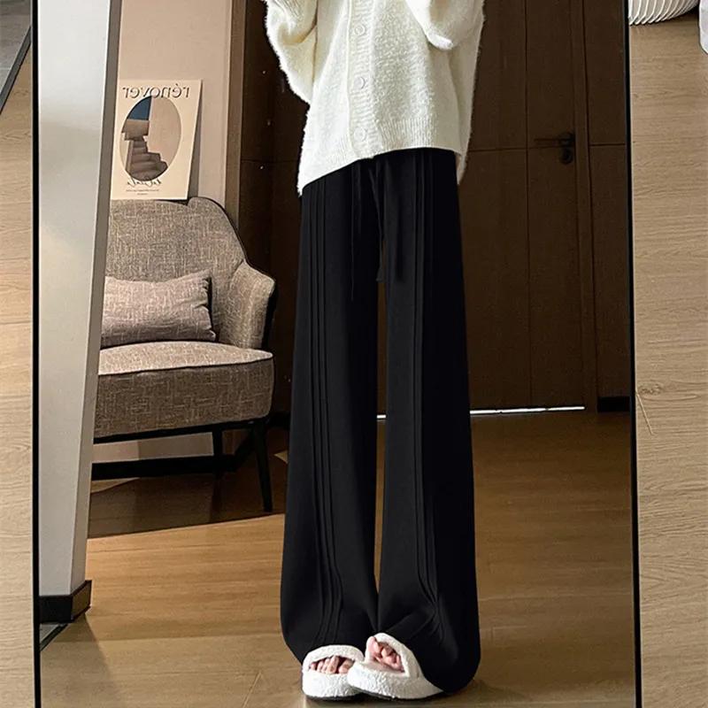 Осенне-зимние женские трикотажные брюки широкого кроя, удобные плотные теплые женские брюки, эластичные черные брюки с высокой талией
