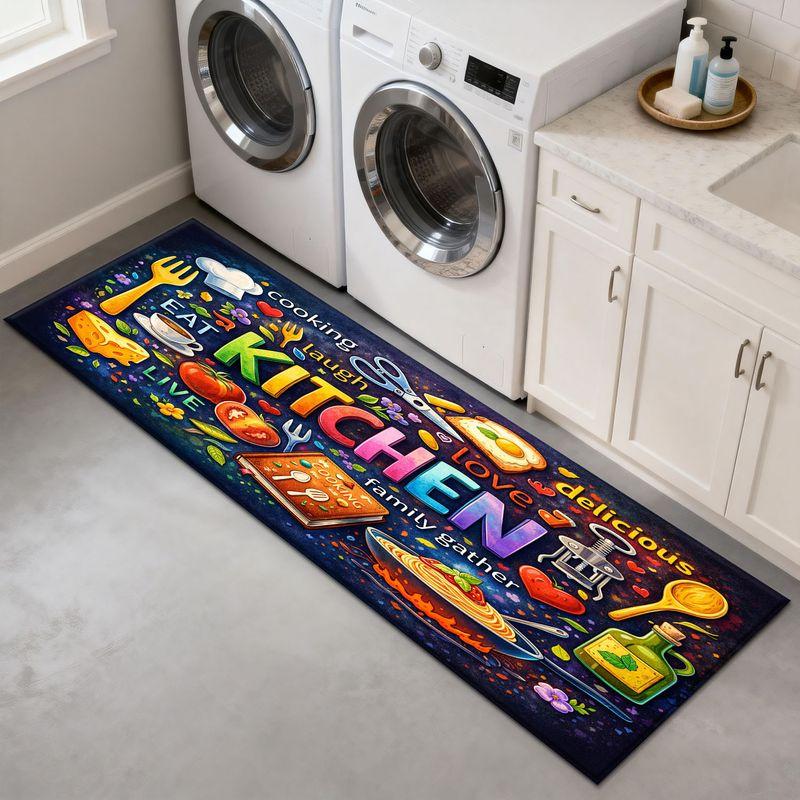 Colorful Artistic Graffiti Area Rug, KITCHEN Letter, Food, and Kitchenware Print Non-Slip Kitchen Rug, Hallway Home Decor