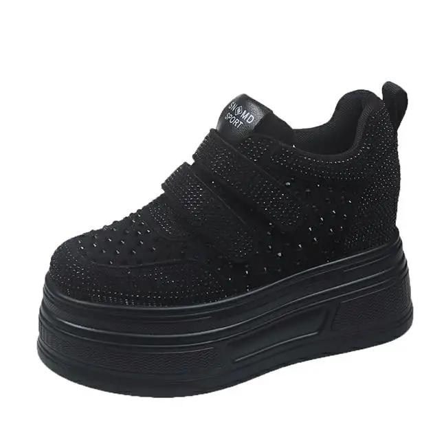 Fashion 10CM Wedge Heels Sneakers New Autumn Women Bling Crystal Skateboard Shoes Breathable Leather High Platform Vulcanize White Shoes