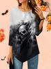 Women's Loose Round Neck Three Quarter Sleeve Tee 3D Halloween Pattern Ideal Halloween and Christmas Gift
