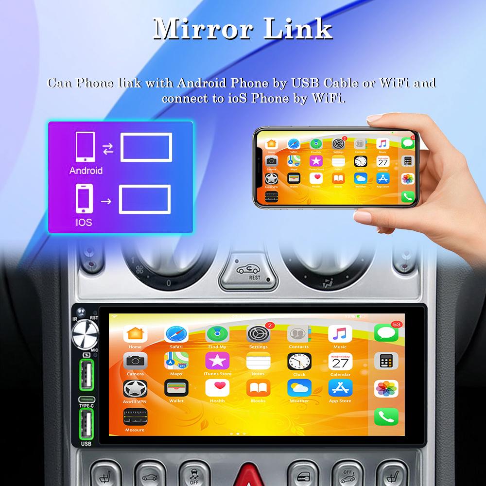 Reakosound 1 Din Car MP5/MP3 Player with 6.86 Inch Touch Screen Carplay Bluetooth FM Radio Rear View Camera