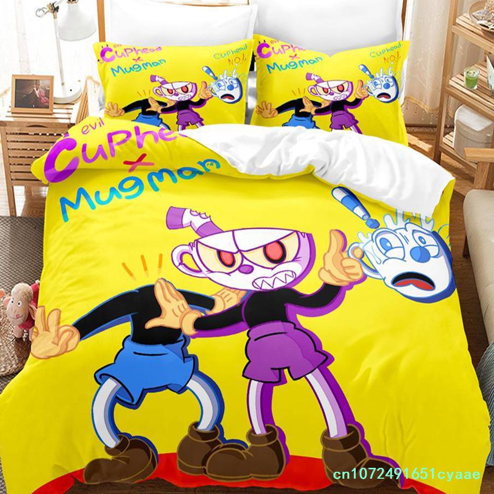 2023 Kawaii Cuphead Mugman Bedding Set Single Twin Full Queen King Size Bed Set Adult Kid Bedroom Duvetcover Sets Anime Game Bed