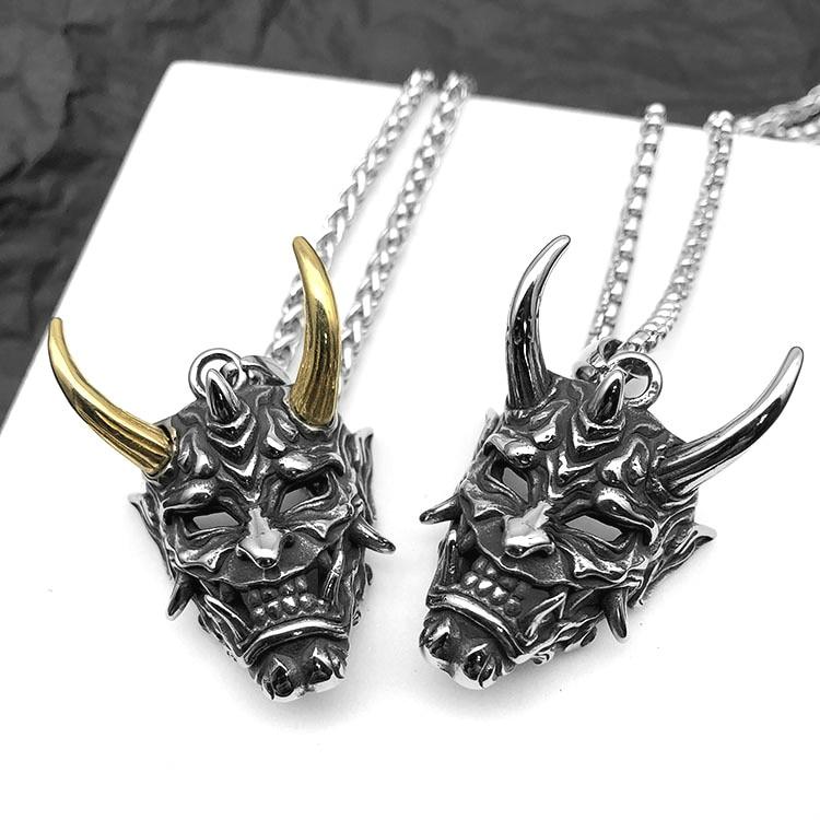 Mens Stainless Steel Necklace Fangs Demon Mask Pendant Retro Gothic Punk Style Skull Jewelry Gift