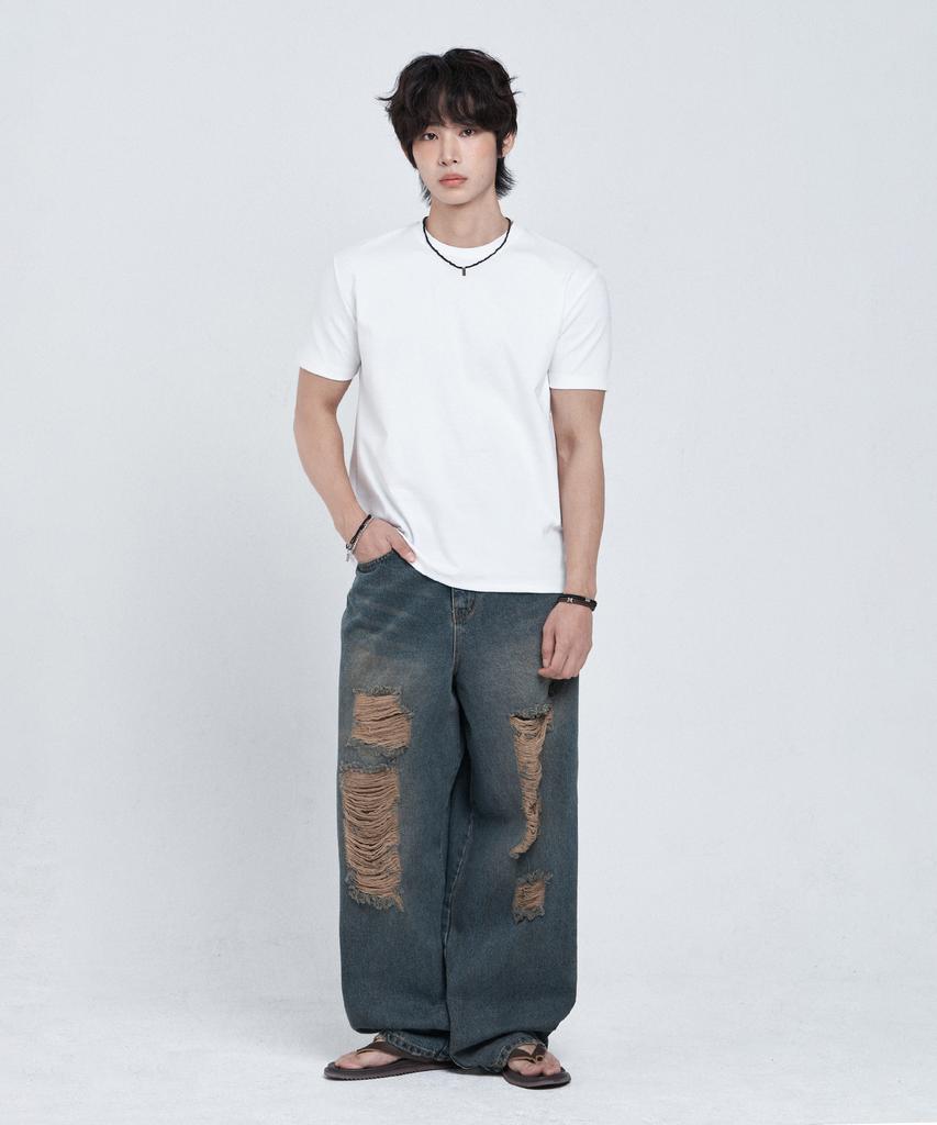 LEMAIN SECOND Semi Crew Neck Muscle Fit Plain Short Sleeve T-Shirt [Ivory]