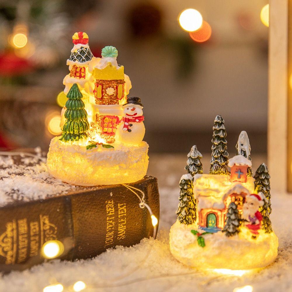 Resin House Statue Light Creative Miniature Figurine Sculptures Santa Claus Snowman Lamp  Festival