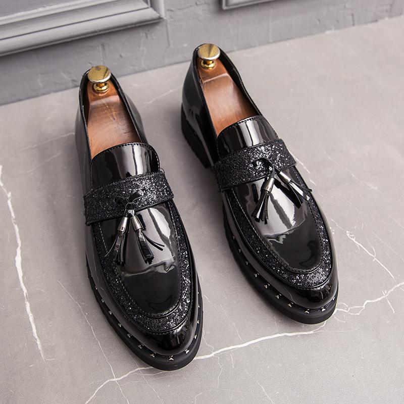 Brand Gold Tassel Leather Men Shoes Designer Glitter Brogue Shoes Men Formal Loafers Shoes Sequins Wedding Party Dress Shoes Men