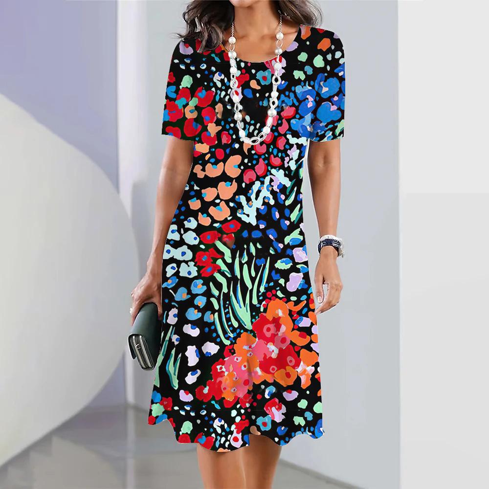 Женское модное платье с цветочным принтом, летнее ретро-платье с круглым вырезом, повседневное платье А-силуэта, свободное женское платье с коротким рукавом