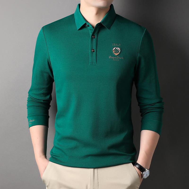 Мужская футболка с длинными рукавами, весна и осень, новая рубашка поло с лацканами, для среднего возраста, однотонная нижняя часть рубашки, верхняя часть