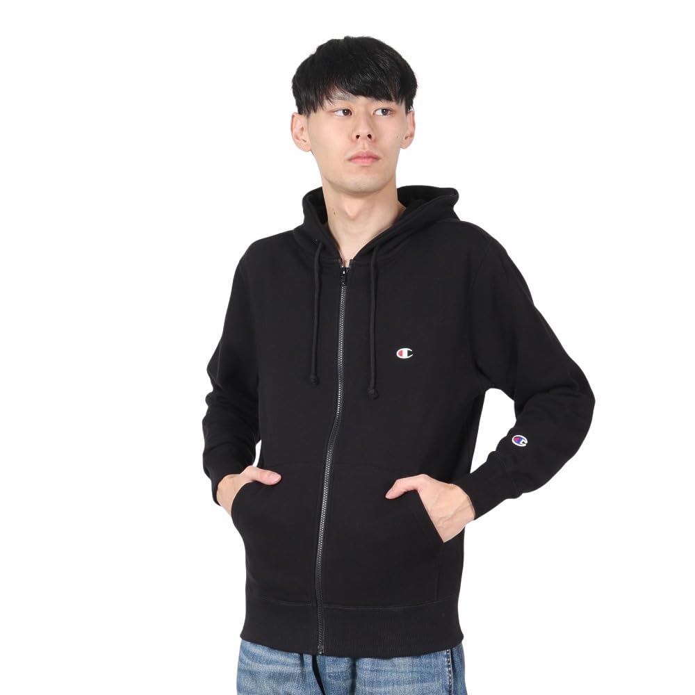 Champion Long Fleece Black Men's Full-Zip Hoodie, Sleeve, Lining, One-Point Logo, Basic, C3-W104Z,