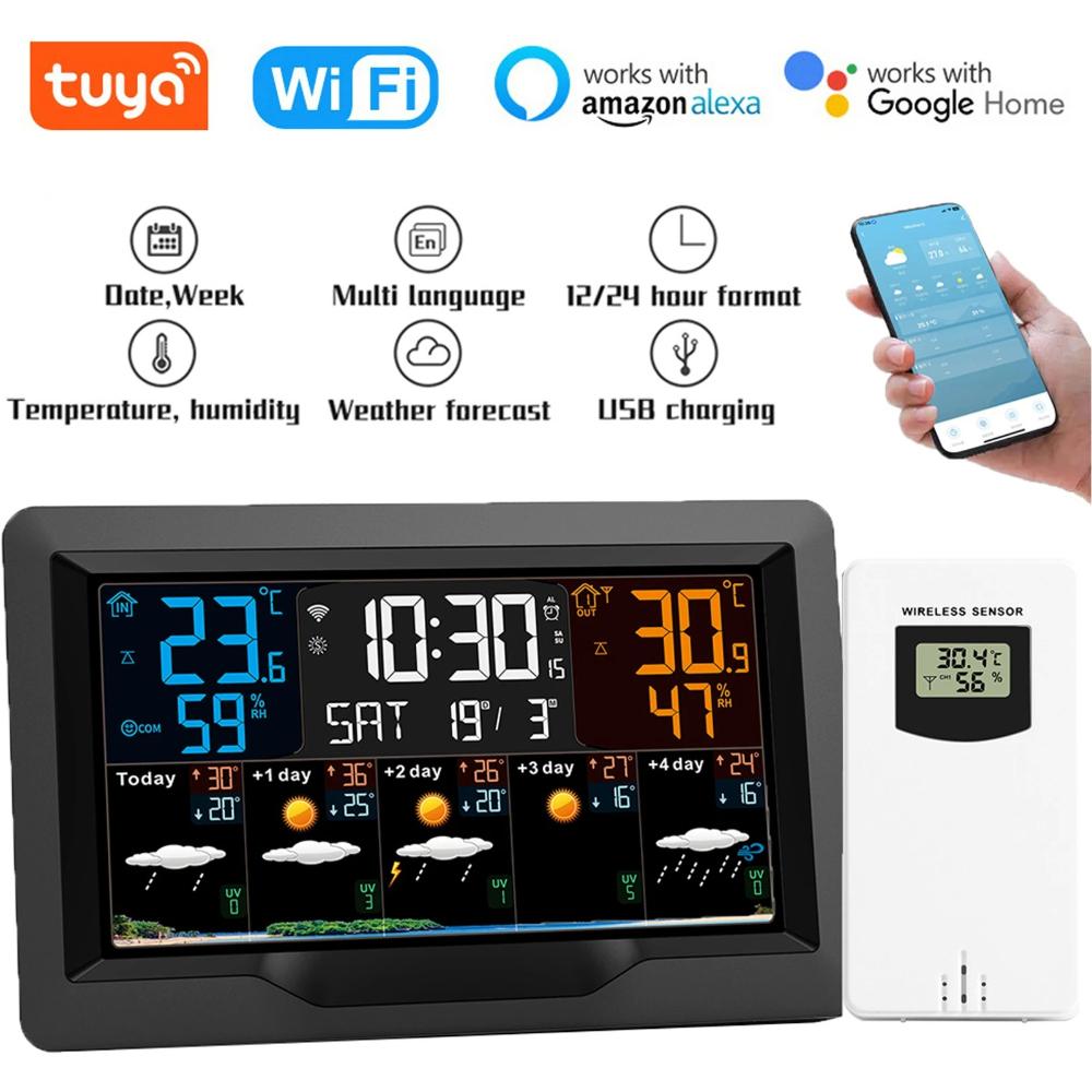 Tuya WiFi Умная метеостанция Высокоточный измеритель температуры и влажности в помещении и на улице Прогноз погоды Многофункциональный будильник