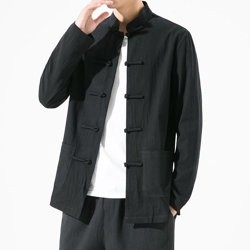 Мужская китайская ретро рубашка Тан с длинным рукавом - Однотонная, свободного стиля костюма для чаепития