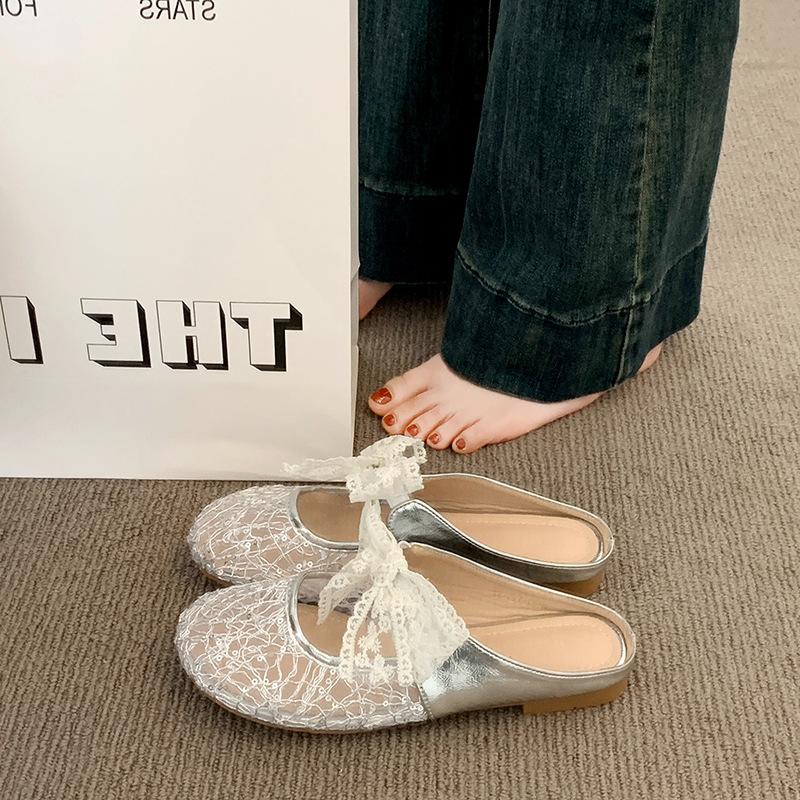 Баотоу полутапочки женские для улицы 2025 весна-лето новые на низком каблуке с кружевным бантом Мэри Джейн прохладные тапочки