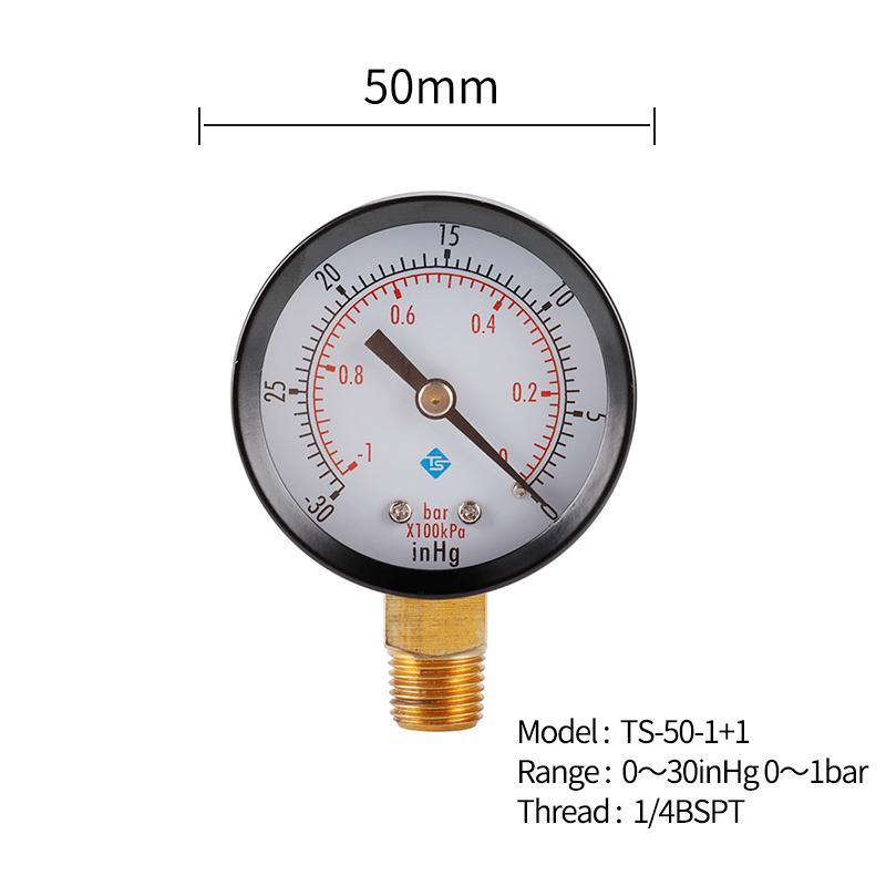 TS-50-1+1 Instrument 1/4'' BSPT Thread Mount Gas Water Pressure Gauge Stainless Steel Case Dry Vacuum -30inHg/0