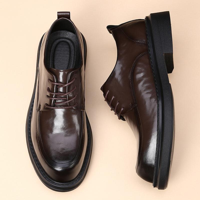 Осень Новые Мужские Дерби с Круглым Носком на Толстой Подошве Модные Мужские Удобные Шнурованные Кожаные Деловые Туфли