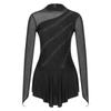 Womens Girls Figure Skating Dance Dresses Glitter Rhinestone Sheer Mesh Patchwork Long Sleeve Leotard Dress